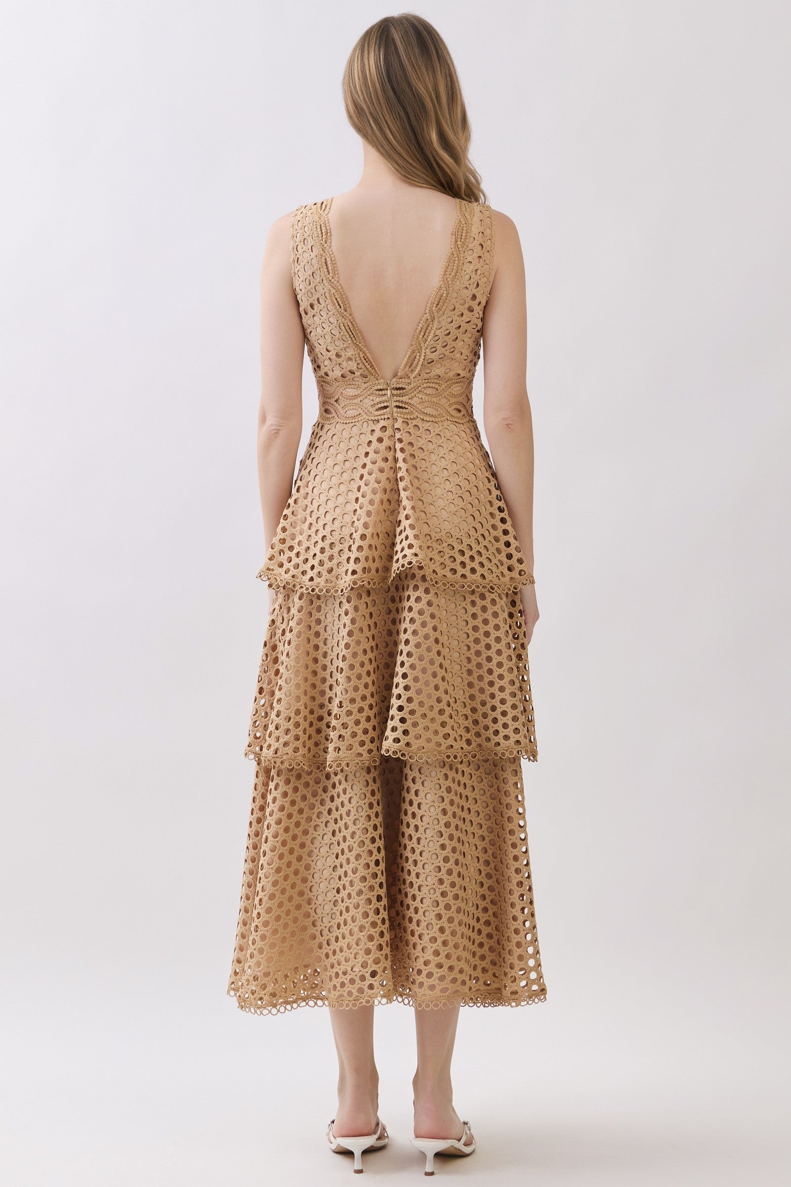 Taupe Crochet Tiered Layers Midi Dress