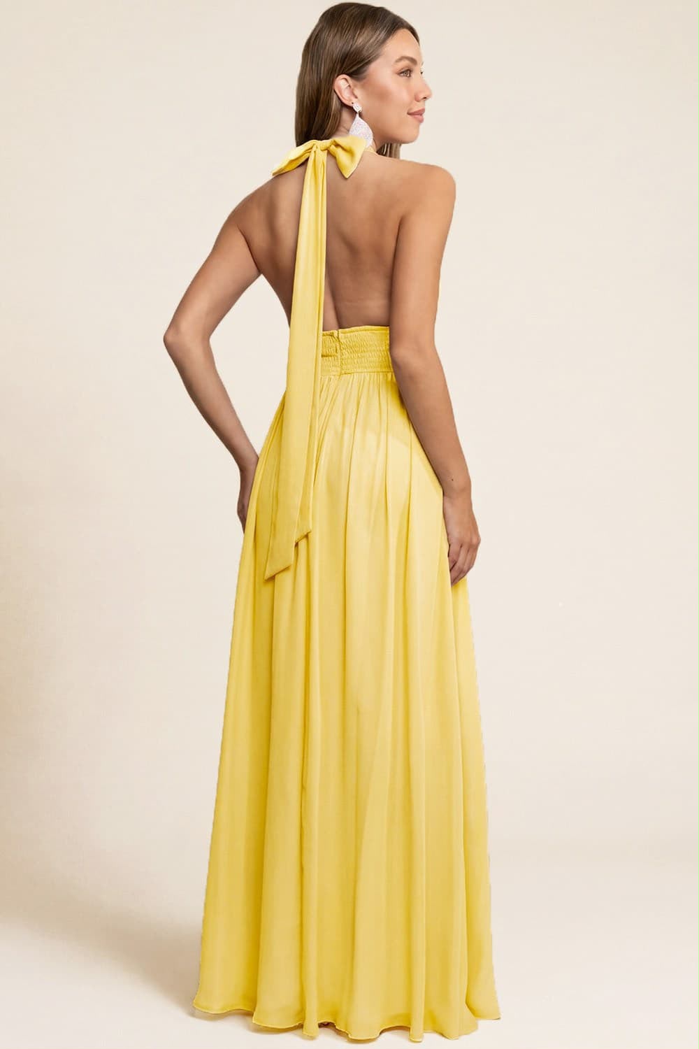 Halter Neck Pleated Waist Slit Chiffon Maxi Dress