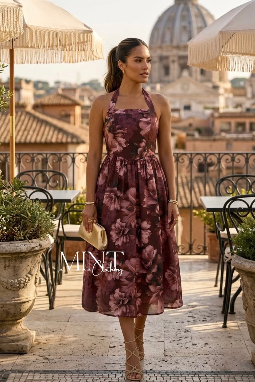 Bordeaux Bloom Halter Midi Dress