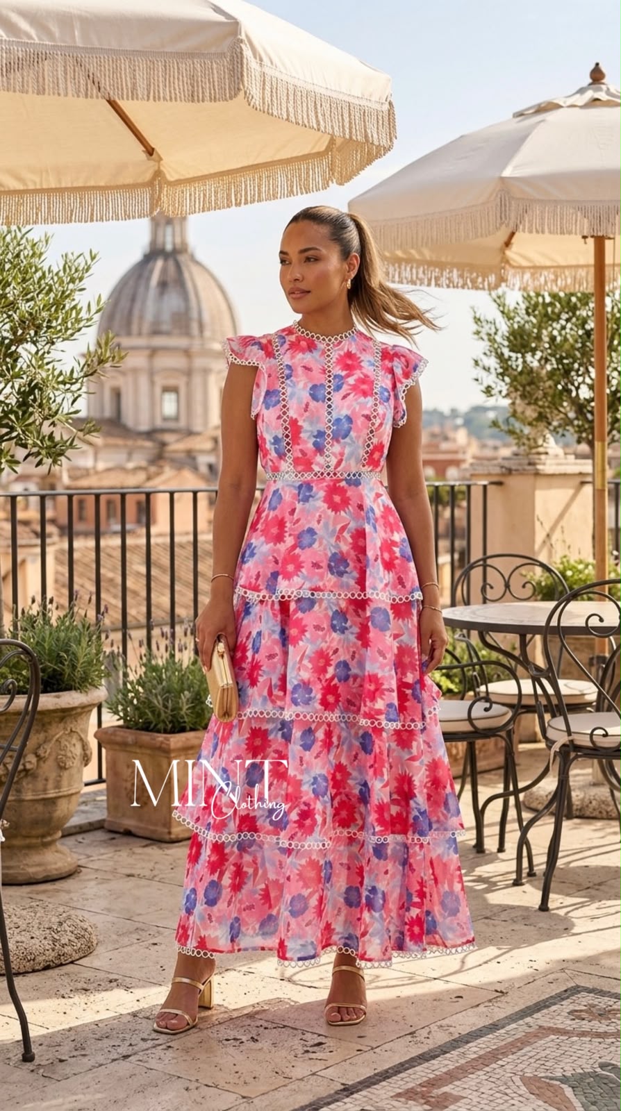 Trim Detail Tiered Print Dress
