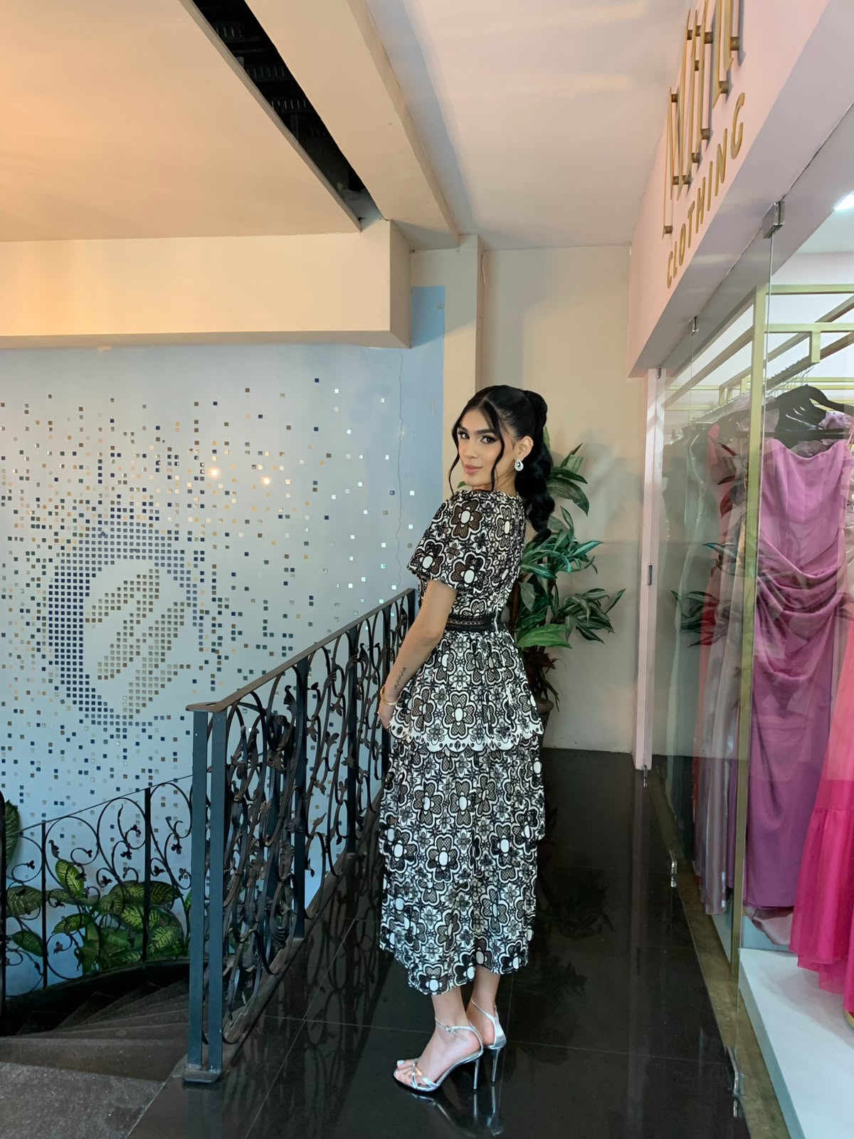 Black & White Embroided Midi Dress