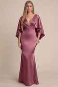 Deep V Neck Cape Sleeves Satin Maxi Dress With Back Zipper