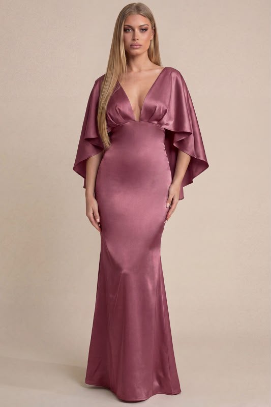 Deep V Neck Cape Sleeves Satin Maxi Dress With Back Zipper